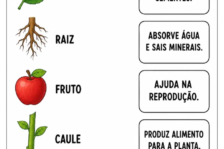 Atividade para ligar folha, raiz, fruto, caule e flor às funções da planta.