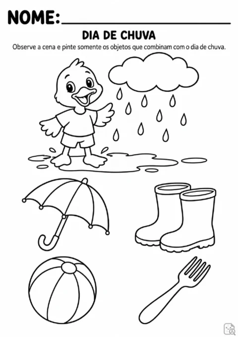 Atividade com pato em dia de chuva e objetos para observar e colorir no Pré II