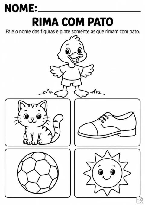Atividade de rimas com pato e figuras para nomear e selecionar por coloração