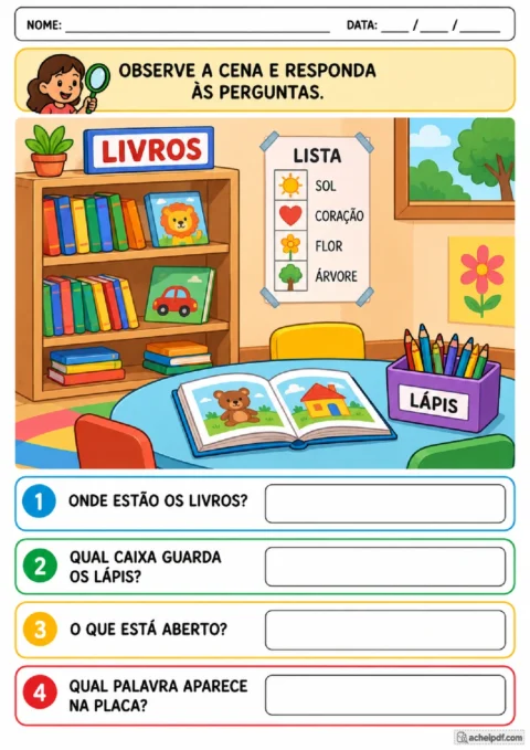 Cena de leitura com palavras do cotidiano para observar e responder no Pré II