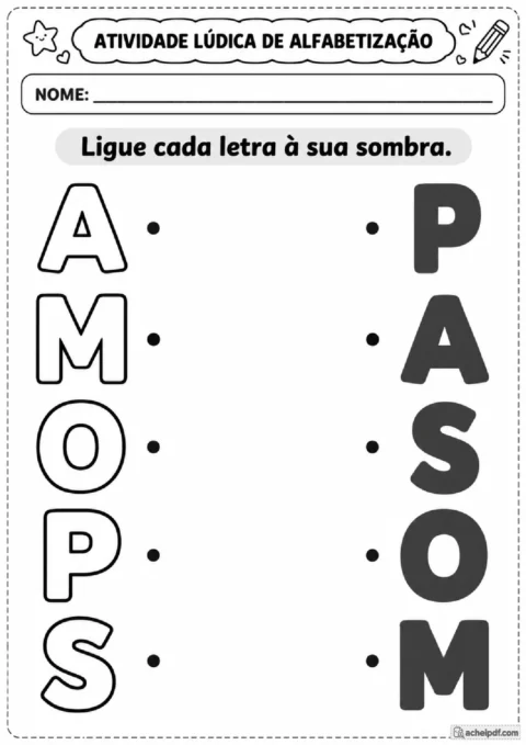 Atividade para ligar letras maiúsculas às sombras correspondentes no Pré II