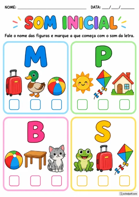 Atividade de som inicial com letras e figuras para marcar a alternativa correta no Pré II