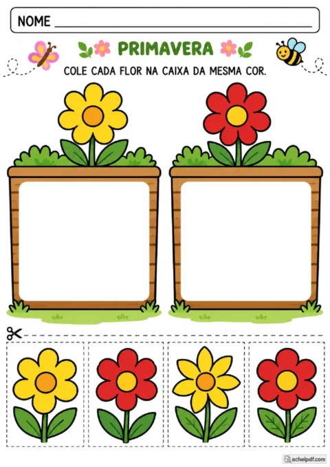 Classificação de cartões de flores por cor em atividade de primavera para o Maternal I