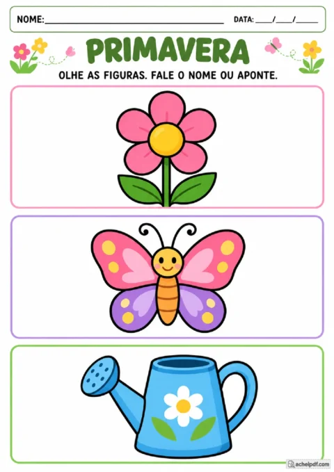 Cartões com flor, borboleta e regador para nomear ou apontar no Maternal I