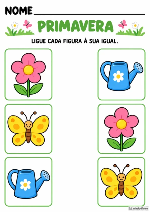 Pareamento de flor, borboleta e regador em atividade de primavera para o Maternal I