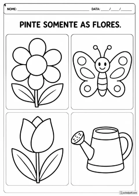 Atividade para o Maternal I de identificar e pintar flores entre figuras da primavera