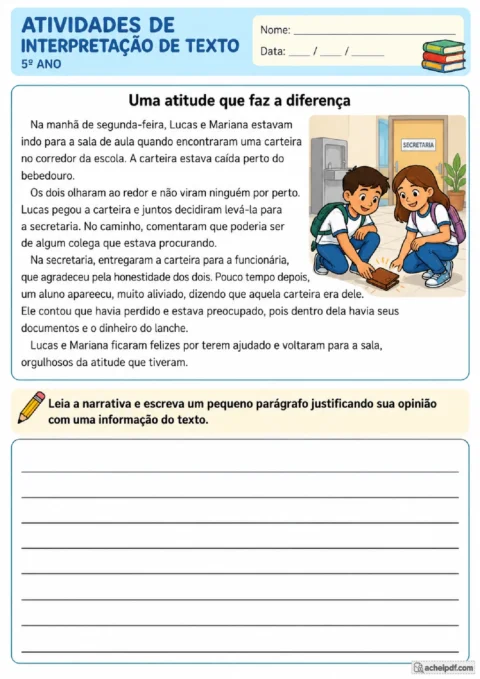 Produção textual para o 5º ano a partir de narrativa sobre responsabilidade e honestidade