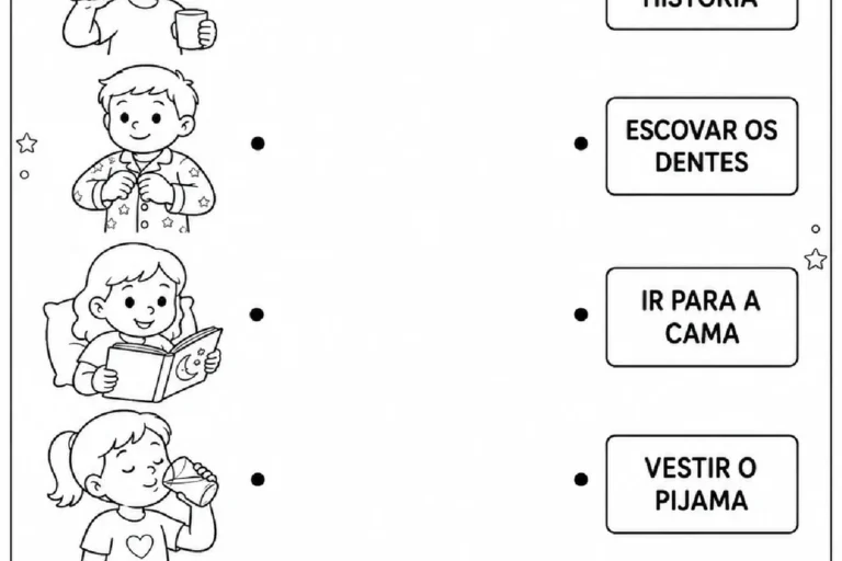 Atividade de ligar hábitos antes de dormir às ilustrações de uma criança escovando os dentes, lendo, bebendo água e dormindo.