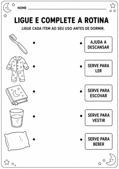 Atividade para ligar itens da rotina noturna às funções de descansar, ler, escovar, vestir e beber.