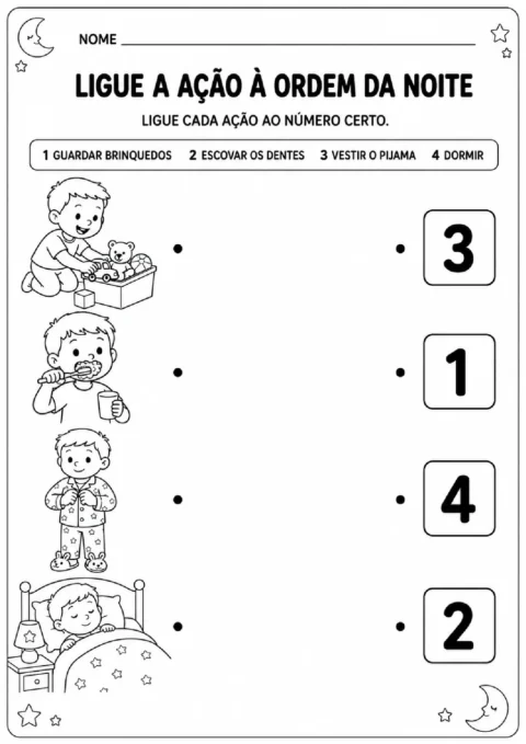 Atividade para ligar ações da noite aos números da sequência: guardar brinquedos, escovar os dentes, vestir o pijama e dormir.
