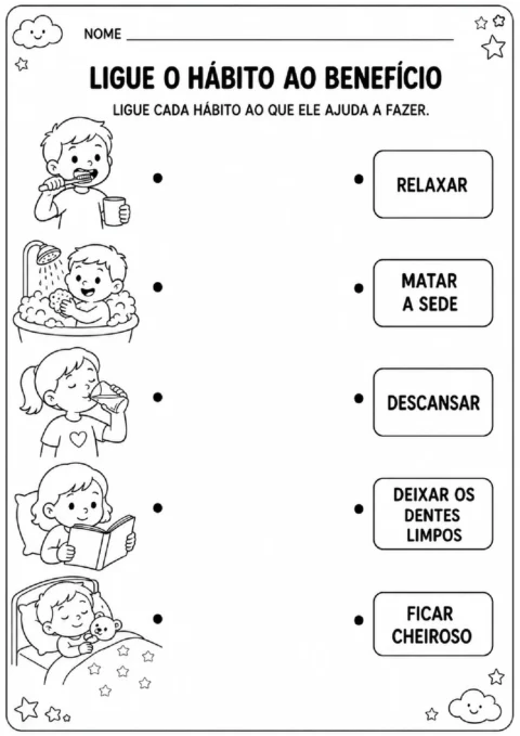Atividade para ligar hábitos de escovar os dentes, tomar banho, beber água, ler e dormir aos benefícios correspondentes.
