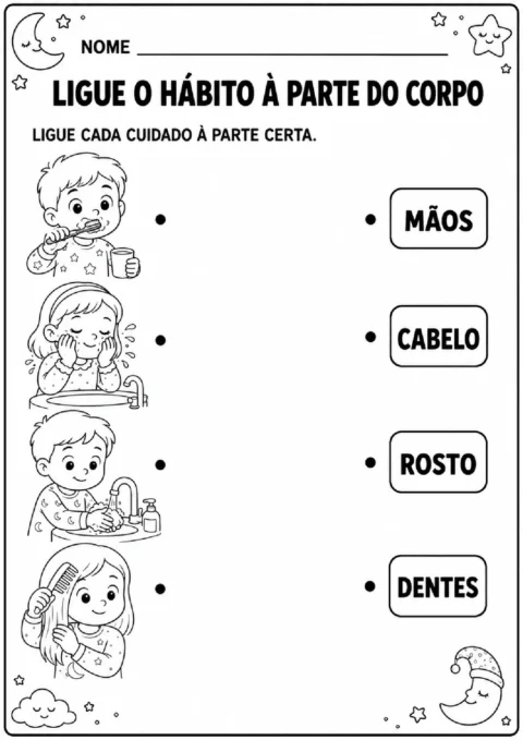 Atividade para ligar hábitos de higiene às partes do corpo: mãos, cabelo, rosto e dentes.