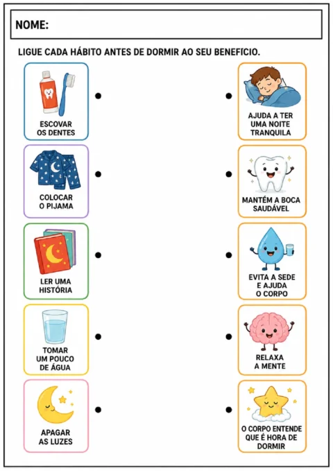 Atividade colorida para ligar hábitos antes de dormir aos benefícios para o corpo e a mente.