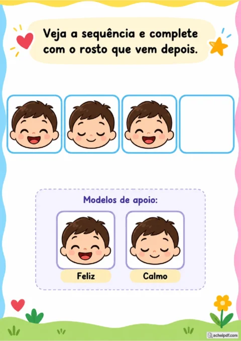 Sequência visual com rostos feliz e calmo para completar no Maternal II