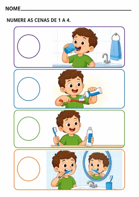 Atividade para numerar de 1 a 4 as quatro cenas coloridas das etapas da escovação dos dentes.