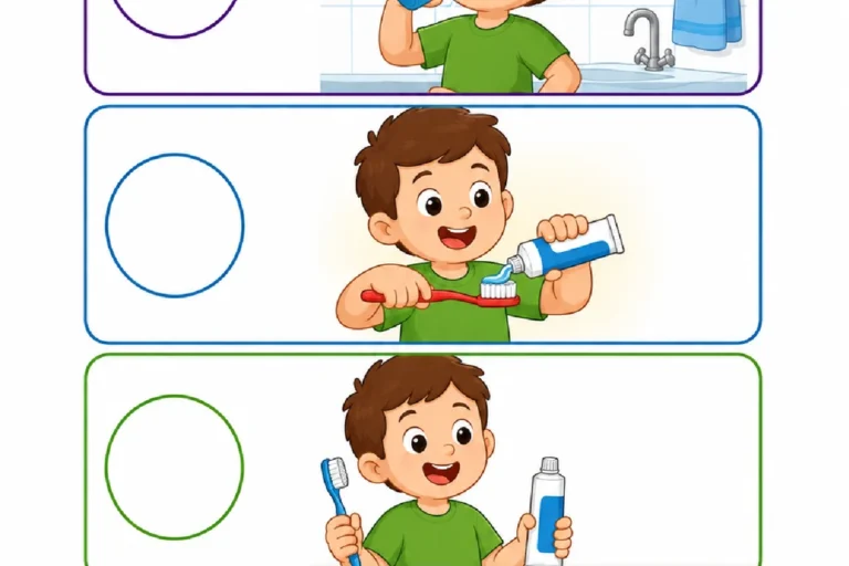 Atividade para numerar de 1 a 4 as quatro cenas coloridas das etapas da escovação dos dentes.