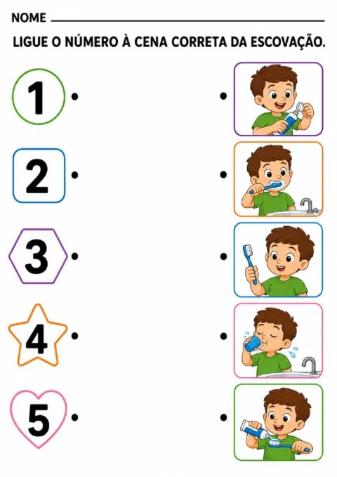 Atividade para ligar os números de 1 a 5 às cenas correspondentes das etapas da escovação.