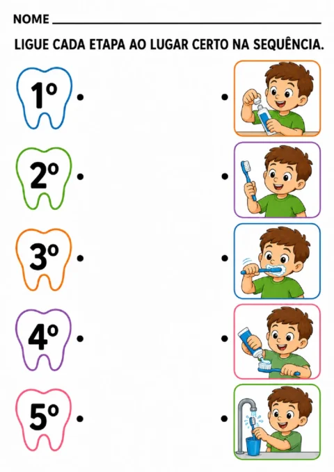 Atividade para ligar os ordinais de 1º a 5º às cenas da sequência de escovação dos dentes.