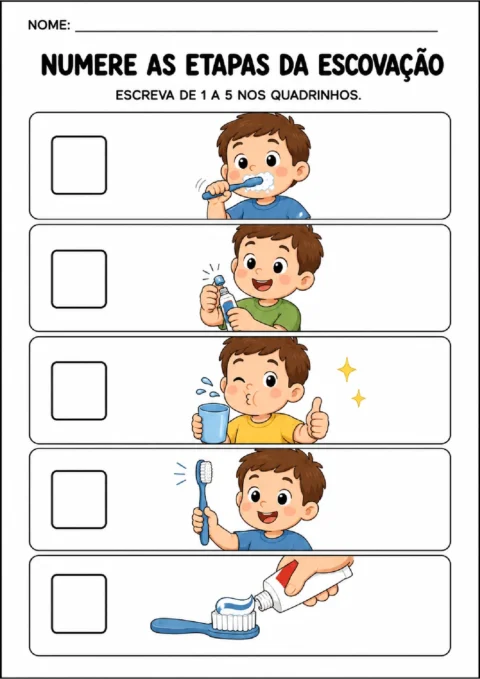 Atividade para numerar de 1 a 5 as cenas que mostram as etapas da escovação dos dentes.