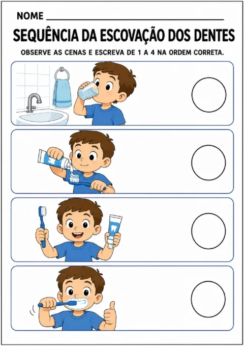 Atividade para escrever os números de 1 a 4 nos círculos e ordenar as cenas da escovação dos dentes.