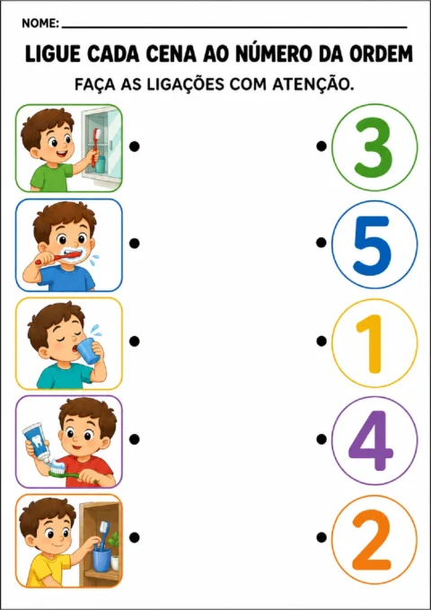 Atividade para ligar cenas da escovação dos dentes aos números de 1 a 5.