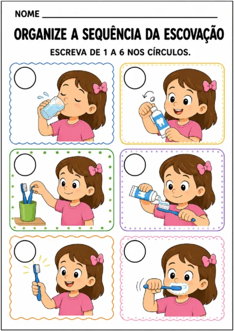 Atividade para escrever de 1 a 6 e ordenar as etapas da escovação dos dentes.