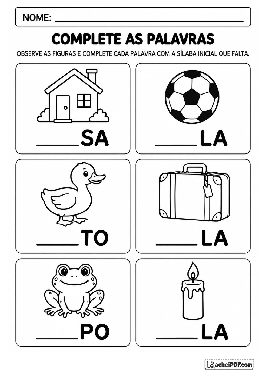Complete as Palavras com Sílabas no 1º ano