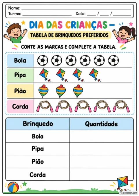 Pictograma de brinquedos preferidos com tabela para contar marcas e registrar os dados.