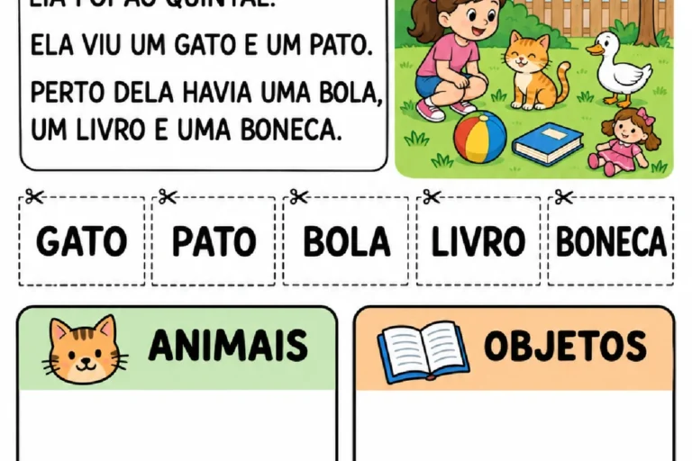Atividade do 1º ano com texto curto para classificar palavras entre animais e objetos usando recorte e colagem