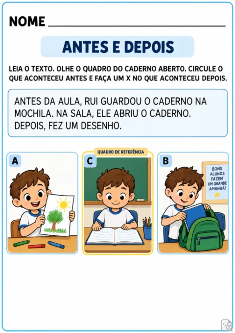 Atividade do 1º ano com texto curto para reconhecer ações que aconteceram antes e depois de um evento