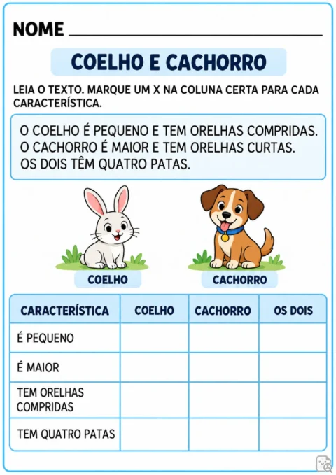 Atividade do 1º ano com texto curto para comparar características de coelho e cachorro em uma tabela