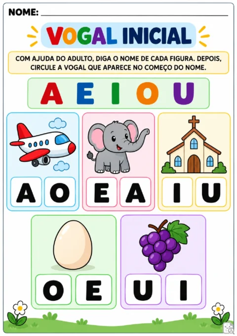 Atividade para Pré I de identificação da vogal inicial de avião, elefante, igreja, ovo e uva com apoio oral