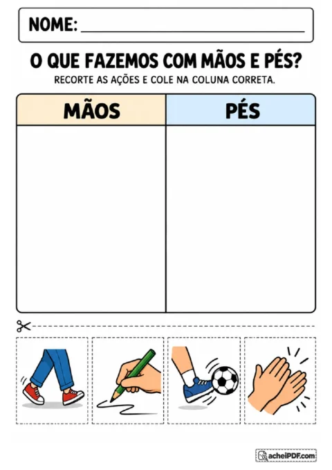 Figuras de desenhar, aplaudir, chutar e caminhar para recortar e classificar entre mãos e pés