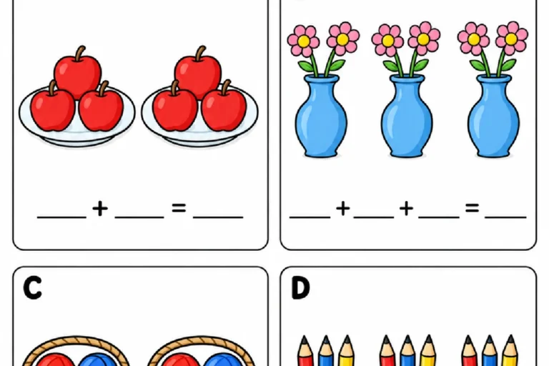 Pratos com maçãs, vasos com flores, cestos com bolas e caixas com lápis para completar adições de grupos iguais.