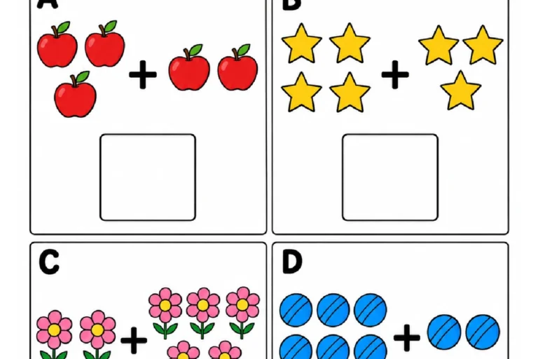 Adição visual com maçãs, estrelas, flores e bolas para contar dois grupos e escrever o resultado.