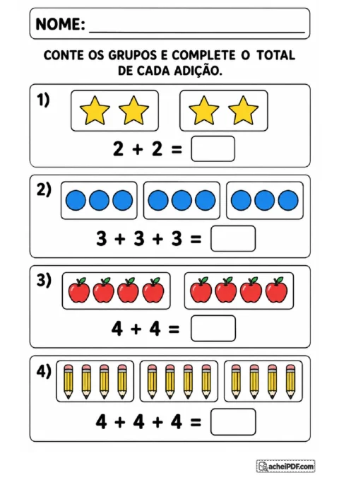 Estrelas, círculos, maçãs e lápis distribuídos em grupos para completar adições com parcelas iguais.