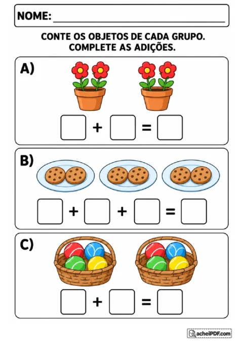 Vasos com flores, pratos com biscoitos e cestos com bolas para completar adições de parcelas iguais.