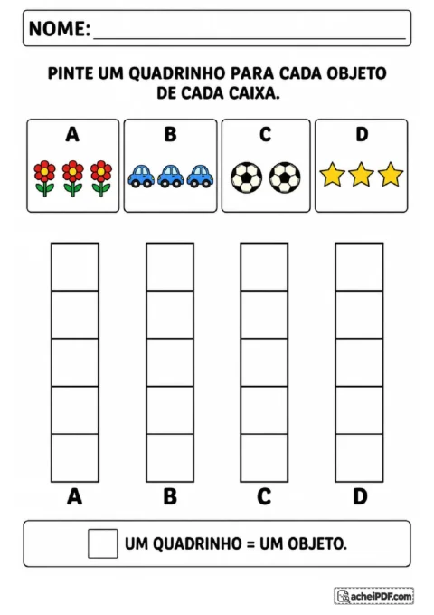 Caixas com flores, carrinhos, bolas e estrelas e gráfico de barras com quadrinhos para colorir.