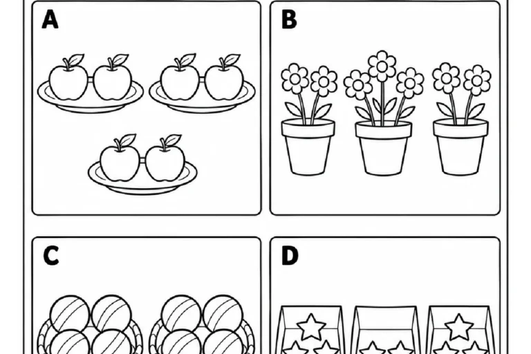 Pratos com maçãs, vasos com flores, cestos com bolas e caixas com estrelas para circular cenas com grupos iguais.