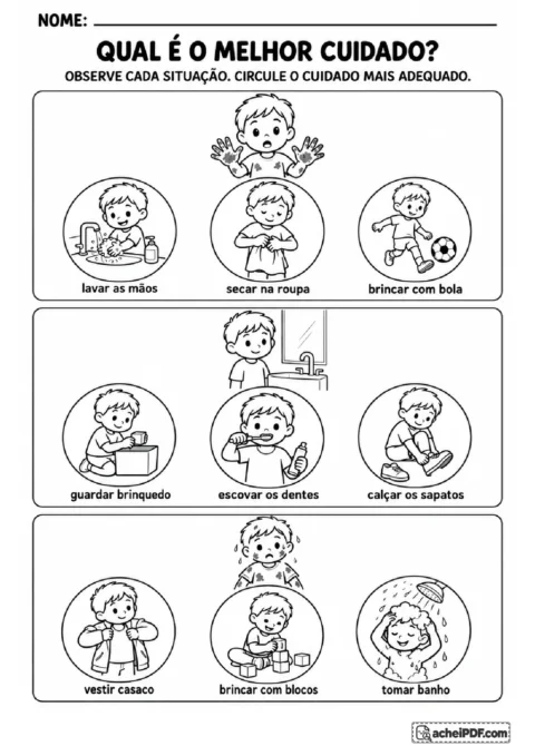 Três situações ilustradas de higiene para circular cuidados com mãos sujas, dentes e corpo após brincar
