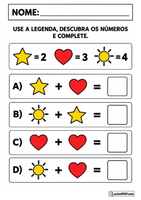 Código numérico com estrela, coração e sol para consultar a legenda e completar quatro adições.