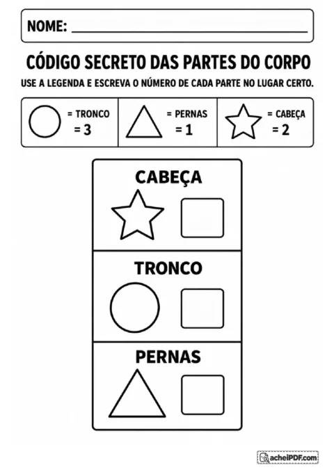 Legenda de estrela, círculo e triângulo com números para completar um esquema do corpo humano