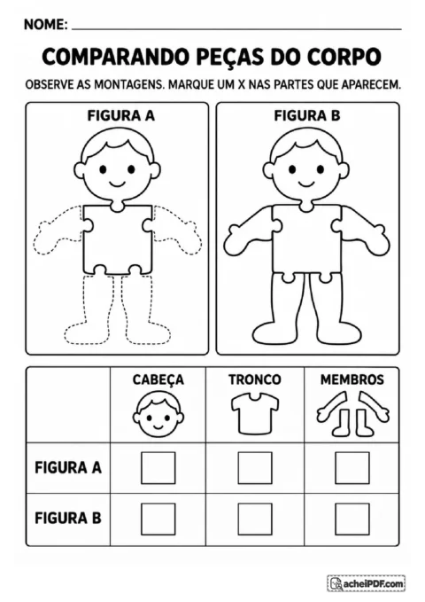 Duas montagens do corpo humano e tabela para marcar a presença de cabeça, tronco e membros