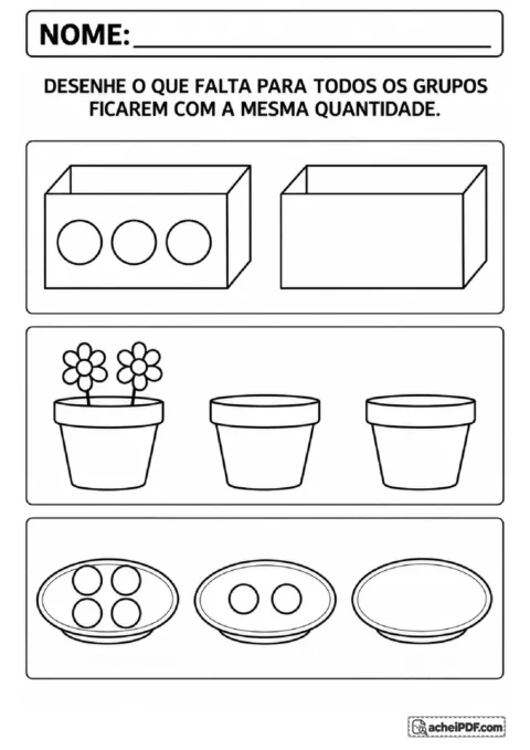 Caixas, vasos e pratos com quantidades incompletas para desenhar objetos e formar grupos iguais.