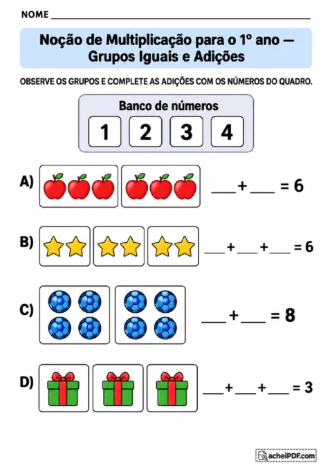 Grupos de maçãs, estrelas, bolas e presentes com lacunas em adições e banco de números para completar.