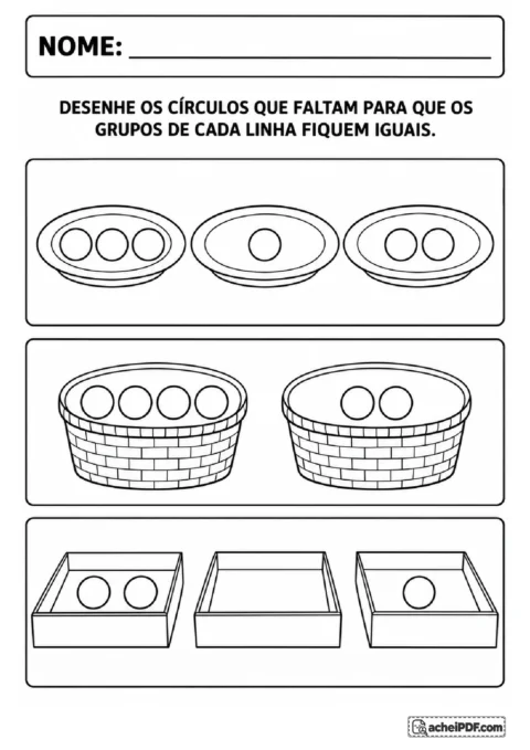 Pratos, cestos e caixas com círculos em quantidades diferentes para completar os desenhos e igualar os grupos.