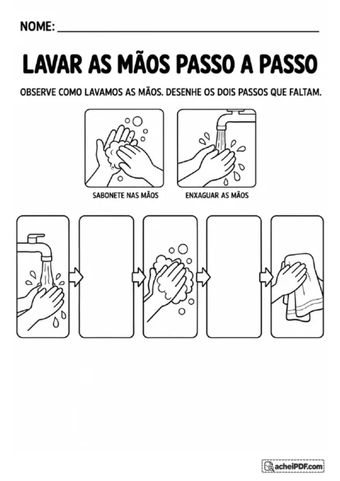Sequência ilustrada de lavagem das mãos com espaços para desenhar a aplicação do sabonete e o enxágue