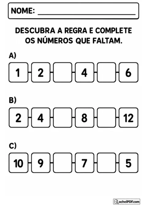 Três trilhas numéricas com sequências crescentes e decrescentes para completar os números ausentes.