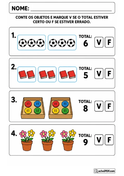 Agrupamentos de bolas, livros, botões e flores com afirmações sobre os totais para marcar V ou F.