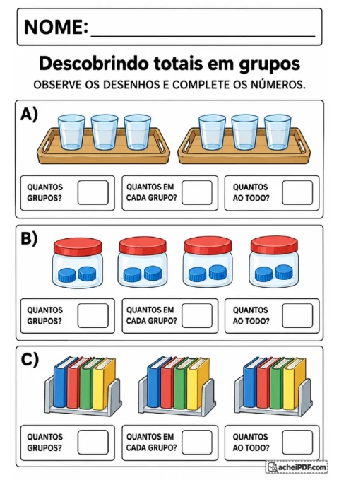 Bandejas com copos, potes com tampinhas e suportes com livros para registrar grupos, elementos por grupo e total.